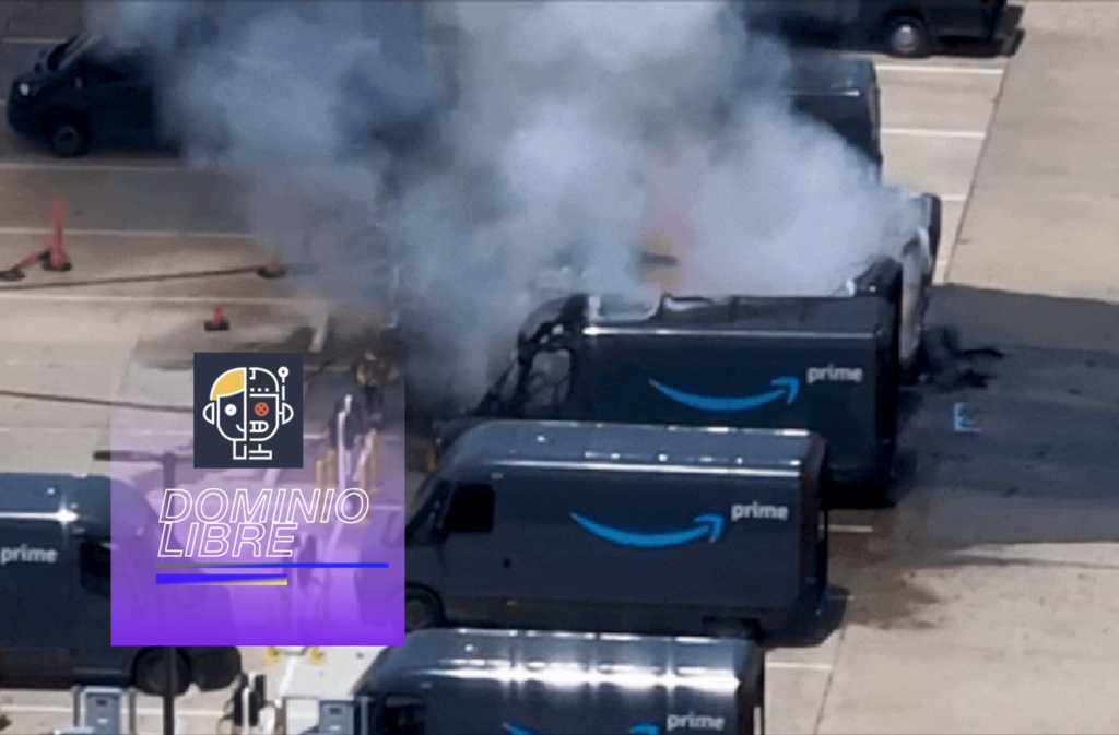 Una furgoneta de reparto de Amazon se enciende en una ardiente explosión durante el calor del verano en Houston.