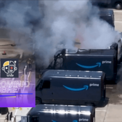 Una furgoneta de reparto de Amazon se enciende en una ardiente explosión durante el calor del verano en Houston.